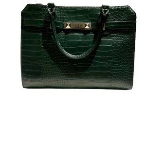Green Guess Faux Alligator Tote with Gold Lining & Silver Hardware